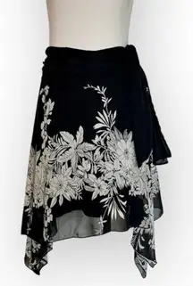 Bohemian black white floral skirt, Rampage size 7 flowy handkerchief hem midi