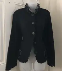Unique 2000s Y2K 100% Wool Black ruffle neck fitted jacket coat cardigan whimsygoth grunge scalloped trim button-up down front long sleeve-L Excellent condition Measurement in pics