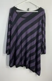 Womans Inc Woman 3x Purple Black Stripe Pull Over Scoop Neck 3/4 Sleeve Sweater