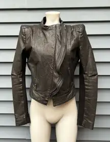 BCBG MaxAzria Black Ruffle Zip Cropped Genuine Leather Moto Jacket~M~ 