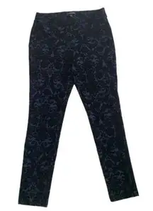 Roz & Ali  Pants Blue Black Velvet Scroll Print Party Dressy Legging Pants Medium