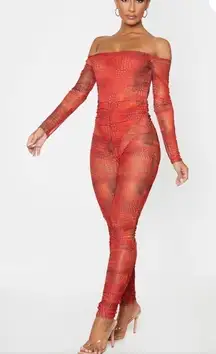 PrettyLittleThing Orange Croc Mesh Bardot Ruched Jumpsuit 2