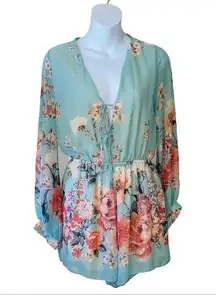 Audrey 3+1 green floral long sleeve tie front romper