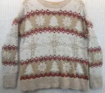 Holiday Time | Size M Fuzzy Christmas Sweater Beige Red White Crew Neck VGUC