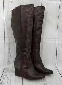 Marc Fisher Women's US Size 7.5 Dewey Brown Leather Wedge Heel Boots Knee High