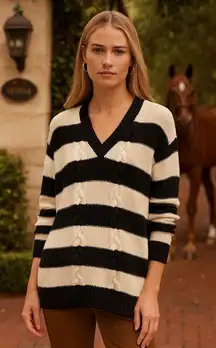 CHAPS Striped V-Neck Cable Mixed Knit Sweater Black White Sz Medium