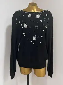 Work In Progress Vintage Y2K Black Beaded Silk Angora Fuzzy Sweater Size M