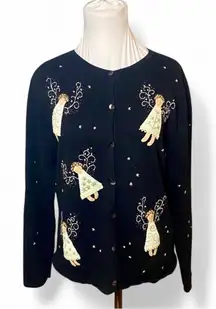 Carroll Reed Black Christmas Cardigan with Angel Embroidery – Size L