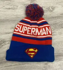 Superman Blue, Red, White Knit Logo Cuff Pom Beanie One Size Fits Most