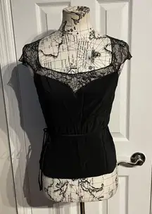 Laundry by Shelli Segal Vintage Satin Lace Retro Tie Whimsygoth sheer belt cap sleeve Cocktail party top blouse Women Sz 6