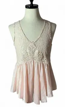 Vintage Pink Lace Floral Peplum Tank Top Sleeveless V Neck Women's