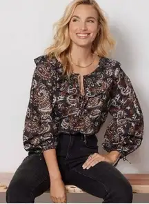 Cleobella Jillian Blouse Paisley Black Print Size Large NWT Smocked Ruffle