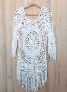 Womens Crochet Fringe Top Size XL White Boho Festival Beach Hippie Cottagecore