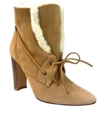 Manolo Blahnik Ostrava Camel Suede Shearling Ankle Boots Size IT 37 / US 7