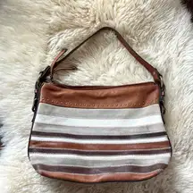 Fossil genuine leather patchwork horizontal stripe hobo shoulder bag cognac