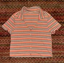 PINK & BROWN RETRO STRIPE FAUX BUTTON UP POLO