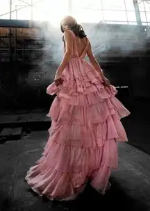 MAC DUGGAL Tiered Ruffle Chiffon High/Low Gown in Rose Pink Size US 2