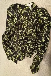 Leith women’s puff shoulder wrap black lime green silk like shirt size‎ 1XL