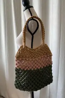crochet pink, green and tan woven purse