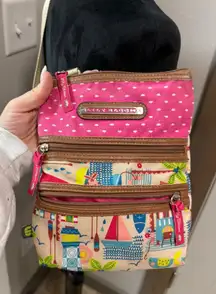 Lily Bloom Crossbody Beach Palm Tree Boats Vacation Travel 3 Zipper Purse Pouch