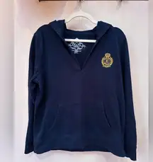 EUC , navy blue hooded sweatshirt, V neck, Chaps Crest on front. Sz Lg