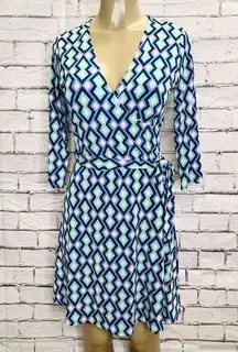 Leota Womens Blue Geometric V-Neck Belted Long Sleeve Wrap Dress Size Small