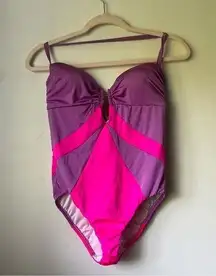 Purple and Pink Bright Retro Colorblock Swim One Piece Bathing Suit S