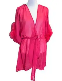 In Bloom by Jonquil Red Faux Fur Trim Chiffon Wrap Robe Size XL NWT