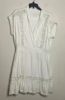 ✅Happy Nature White Linen Blend short sleeve crochet trim wrap front minimal