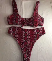 B43 New 2pc Zaful Swimsuit Bikini Snake Print Cheeky Dark Red Size Small
