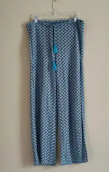 BECCA Blue Jacquard Crochet Beach Pants Size M Drawstring Wide Leg Slit Palazzo