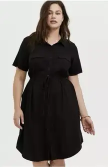 Torrid Black Twill Drawstring Button Up Short Serve Shirt Dress Size 1X Pockets