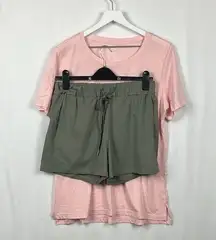 Women’s Dusty Green Shorts Drawstring Stretch L Pink Tee Shirt Super Soft L