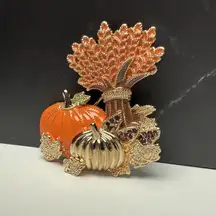 Autumn Harvest Pumpkins Wheat Leaves Brooch Pin Gold Tone Enamel & Rhinestone