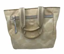 Coach Hampton Scribble Signature Beige Leather Fabric Brass Bag Tote Purse READ