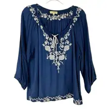 RUBY YAYA Navy Blue Boho Embroidered Floral Peasant Poet Blouse Cross-stitch L