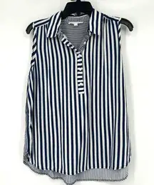 Jane & Delancey Collared Sleeveless Top Blue White Stripe Classic Henley Size L