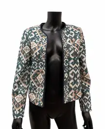 H&M Boho Jacquard Knit Open Front Blazer Geometric Print Jacket Size 10