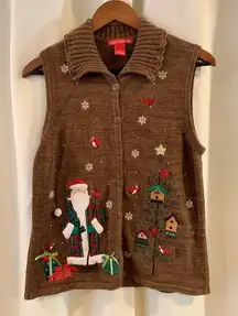 Merry & Bright‎ Christmas Sweater Vest Size Small Brown Button Santa Collar