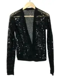 Black Sequin Mesh Cardigan Sweater Sparkly Open Front Party Holiday Top‎ XS/S