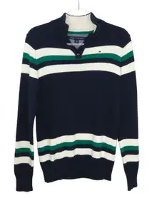 Vintage Tommy Hilfiger Women's Navy & Green Knit Striped Quarter Zip Sweater XL
