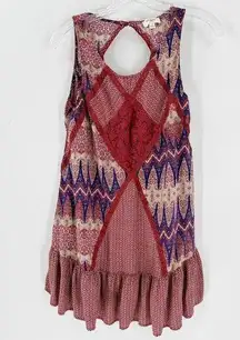 Umgee Patchwork Boho Keyhole Ruffle Tunic Mini Dress