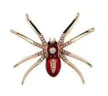 Gold-Tone Spider Brooch Pin with Red Rhinestone Body