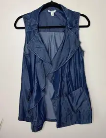 Est. 1946 Tencel Denim-Look Ruffled Sleeveless Open Front Cardigan Vest SZ Small