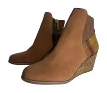 TOMS Boots Womens Size 9 Brown Suede Wedge Ankle Booties Plaid Panel Side Zip