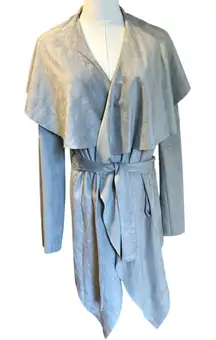 C. Luce Faux Suede Jacket Coat LG Gray Slouchy Shawl Collar Drapery Uneven Hem