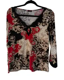 Maidenform Y2k M Long Sleeve Lace Trim V Neck Baroque Print Grunge Going Out Top