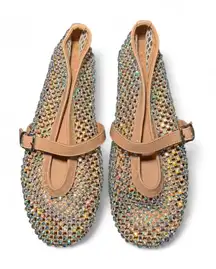 Bamboo Sparkly Mesh Mary Jane Flats Women’s Size 11M Nude Beige Rhinestone Balle