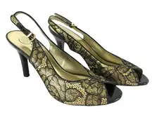 Mootsies Tootsies Womens Shoes Pumps Slingback Peep Toe Lace Print Gold 9.5