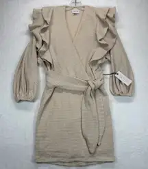 SAYLOR Waffle Knit faux wrap Mini Dress Ruffle Trim Long Sleeve Wrap Dress Sz‎ S